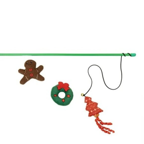 2 Christmas Themed Cat Wands each with 3 Dangling Plush Toys, Teaser Wand Set - Picture 5 of 11